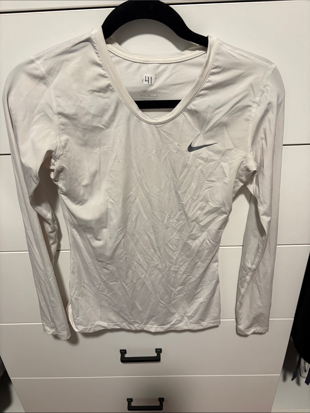 Nike Women’s Long-Sleeve Training Tee in White with Black Swoosh